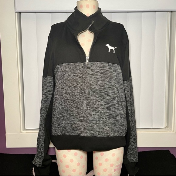 PINK Victoria's Secret 1/4 Zip Pullover Sweatshirt Black Gray Size Medium - Picture 2 of 10